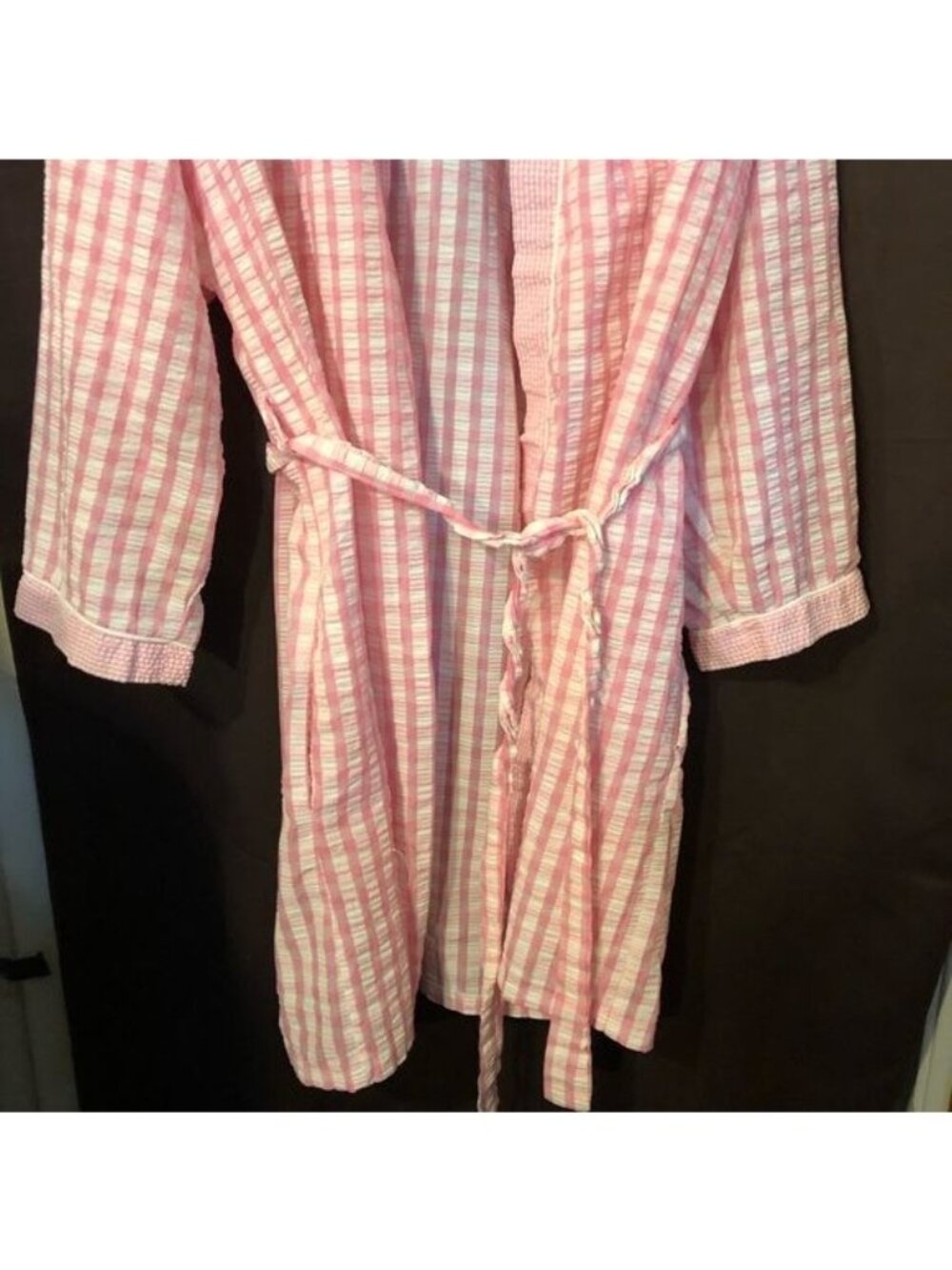 vintage adonna plaid bathrobe pink white belted knee high sheer open front READ - Picture 3 of 6